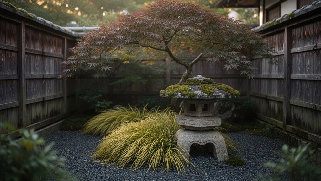 Japanese maple with Hakonechloa macra and a stone lantern in a shaded courtyard garden with gravel and mossy stone