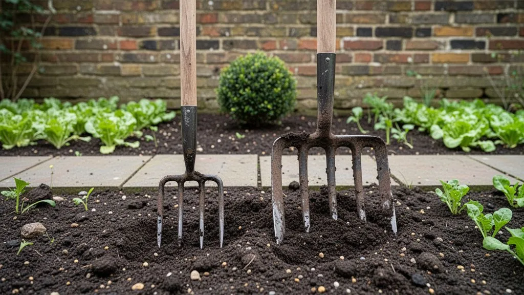 Border fork and digging fork compared in a small urban raised bed garden