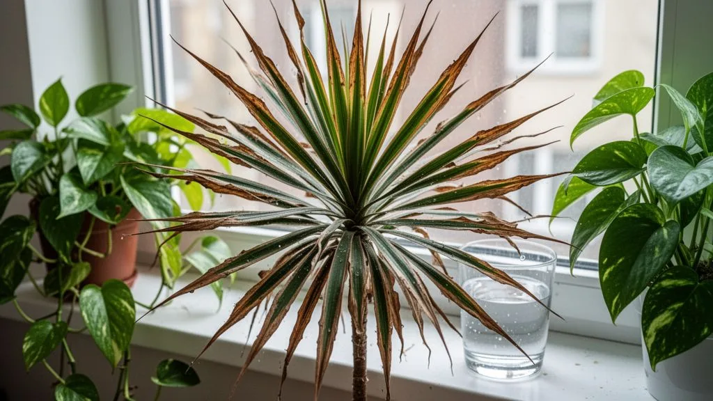 Dracaena with brown leaf tips caused by tap water mineral buildup compared with healthy pothos and philodendron