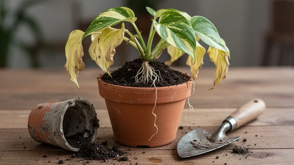 Yellow leaves on a repotted houseplant showing transplant shock and root stress rather than nitrogen deficiency